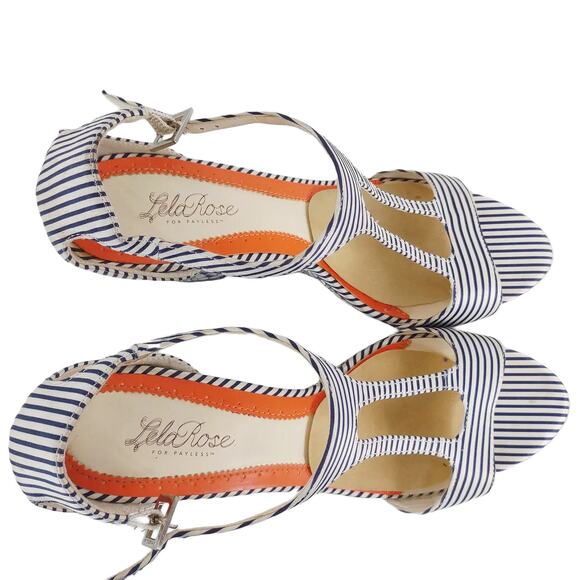 Y2K Lela Rose Women's 8.5 Navy Striped Boho Fabric Strappy Wedge Heels Sandals - Picture 5 of 8